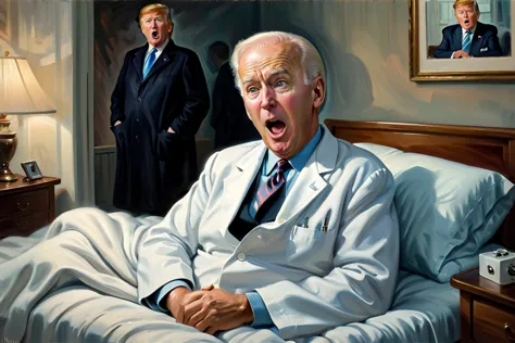 à la manière d&#39;Edvard Munch, art par Art Frahm, années 1950, Peinture d&#39;Edvard Munch de (Joe Biden:1.1) en pyjama au lit avec un visage surpris, inspiré de la peinture THE SCREAM, casser ,  (Donald Trump en tant que médecin en blouse de médecin assis près du patient:1.3),  peinture à l&#39;huile émotionnelle, très détaillé, volumétrique, Éclairage dramatique, expression de sentiments, imaginatif