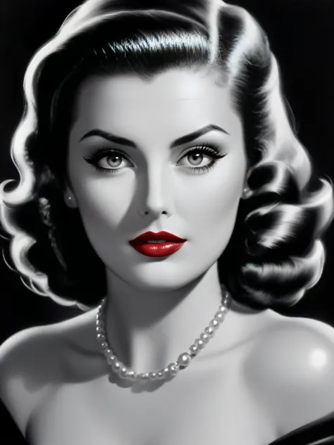 film noir style, woman, red lips, highly detailed, sharp focus, ultra sharpness, monochrome, high contrast, dramatic shadows, 19...
