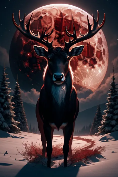 a deer standing in the snow with a full moon behind it