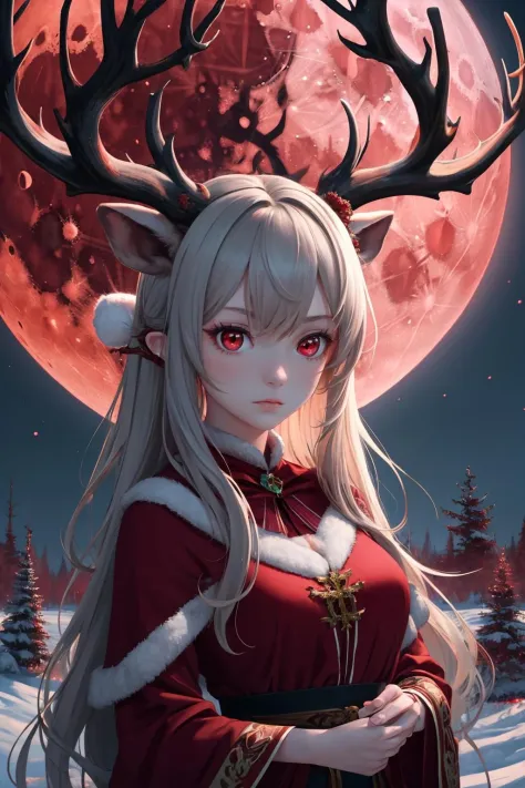 masterpiece, best quality, 1girl, solo, <lora:redmoonreindeer-concept-richy-v1:0.8> red moon, close-up, red eyes, reindeer antle...