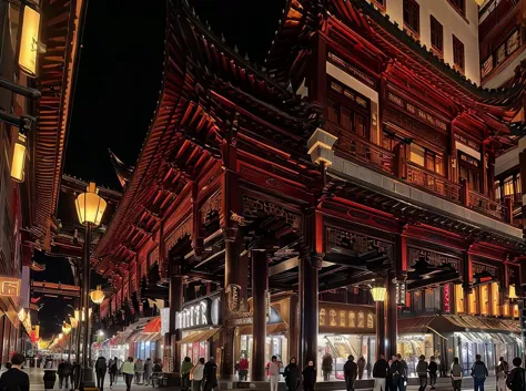 people walking around a city street at night with lanterns on the buildings