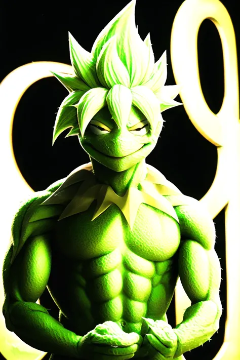 alta qualidade, obra de arte, Sapo, Super Saiyajin, cabelo loiro, Super Saiyajin, cabelo espetado, aura, eletricidade, cabelo longo, Sozinho, tronco, (muscular, macho musculoso:1.1),