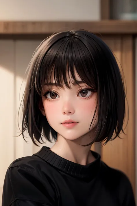masterpiece, best quality,8K,realistic,
,
1girl, solo, short hair, black hair, sweater, black eyes, blurry, blurry background, l...