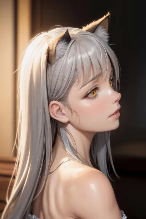 masterpiece, best quality,8K,realistic,
,
1girl,silver hair,long hair,from side, (lighting on hair,lighting on face,:1.2),yellow...