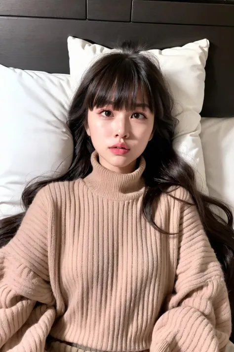 masterpiece, best quality,realistic,
,
1girl, solo, black hair, long hair, lying, looking at viewer, on back, sweater, lips, bla...