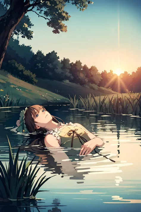 anime girl floating in a lake with a fish in her hand