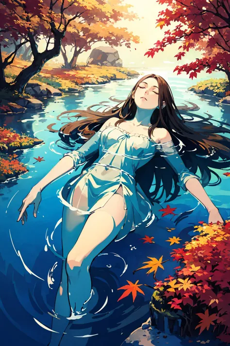 a woman floating in a pond surrounded by leaves