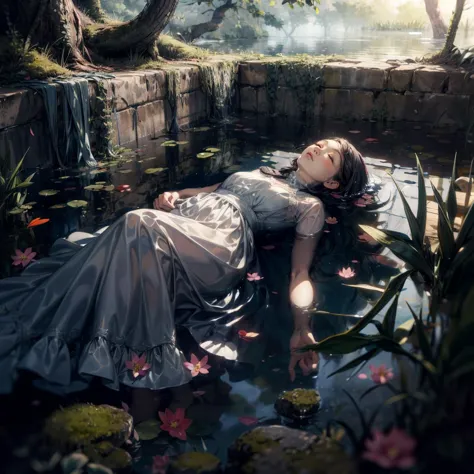 there is a woman laying on the ground in a pond