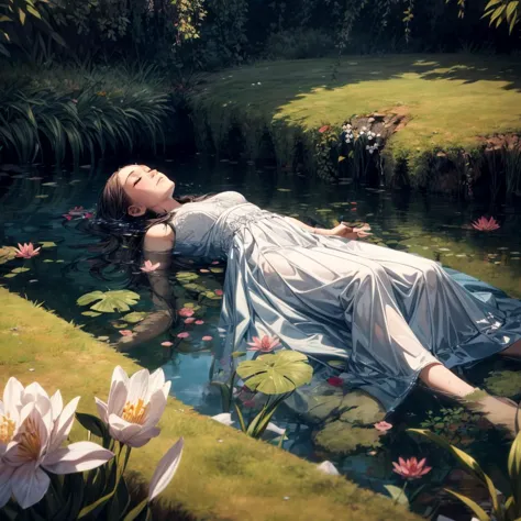 painting of a woman laying on a blanket in a pond of water