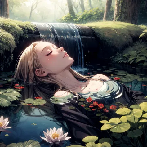 anime girl in a pond with water lilies and a waterfall