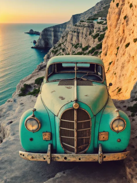 <lyco:jasmine sam-v2.0:1>  artstyle, Faded, Antique Car, Greece, Coastal Cliff View, Tranquil Ambience, Spring Vacation, Bohemian Clothing, Pastel Color Palette, Worn-out Texture, Minimalist Composition, Soft Evening Lighting, Parked on Cliffside, Low-angle Perspective, Clear Weather, Enjoying Sunset