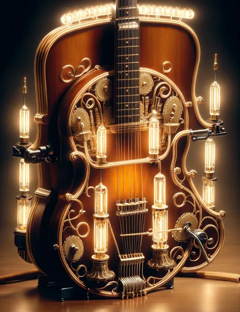 a close up of a guitar with a light bulb on it