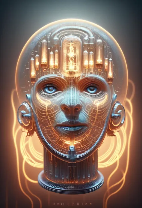 a digital illustration of a robot head with glowing lights