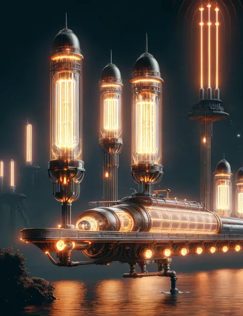 a futuristic spaceship floating in the air with glowing lights