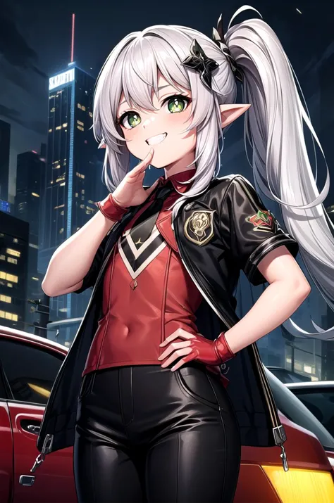 (masterpiece, best quality, detailed), 1girl, solo, looking at viewer, silver hair, side ponytail, green eyes, cross-shaped pupils, pointy ears, hair ornament, flat chest,
short sleeves, black pants, black necktie, red shirt, red gloves, jacket on shoulders, black jacket, outdoors, cyberpunk, city, night, city lights, neon lights, skyscraper, car, rain, science fiction, <lora:OjouSamaPose:1>, ojou-sama pose, laughing, hand on hip, naughty face, smug,