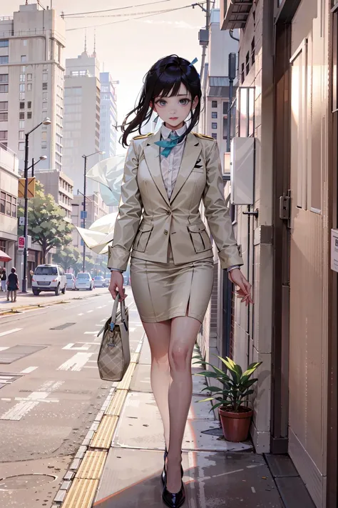 woman in a tan suit walking down a city street with a purse