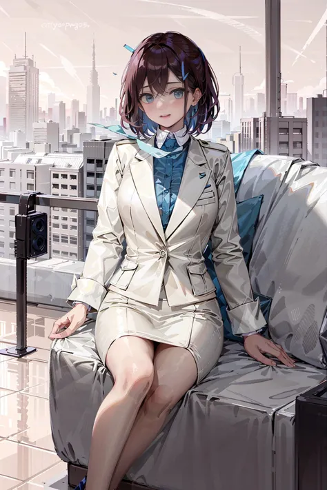 fullbody shot, Beautiful light, soft light, cinematic light, perfect eyes, a 25yo woman, blue_KoreanAir_Uniform_with_ivory_suit, <lora:KoreanAir Uniform:1>, ((city background))