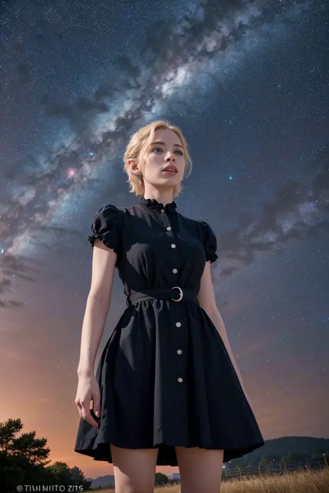 woman, 
(finely detailed beautiful face), (finely detailed beautiful grieving eyes:1.1), (breathing mouth),
(8k eyes), (8k pupils), (button nose),
widow's peak, blond short hair,
wearing (shirt dress),
standing,
dutch angle, (starry sky), Night,
(photorealistic:1.4), masterpiece, ultra quality, insanely detailed, (ultra high res), absurdres,