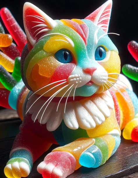 brightly colored cat figurine with gummy candies on a table