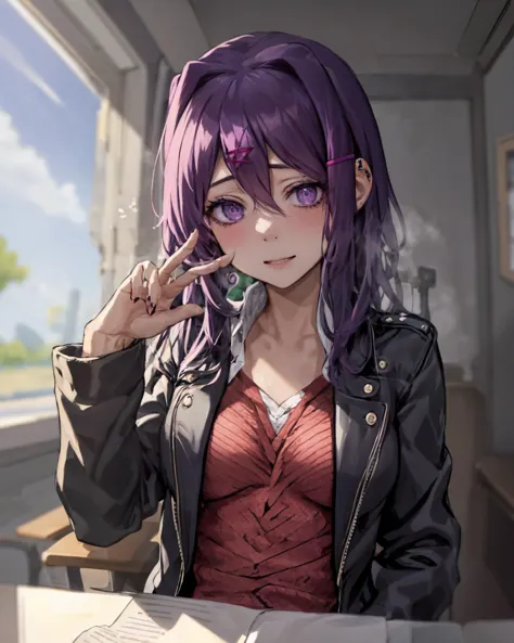 anime girl with purple hair and glasses sitting at a table