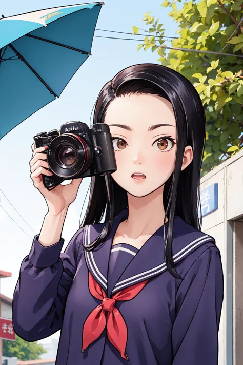 anime girl holding a camera and a camera in front of her