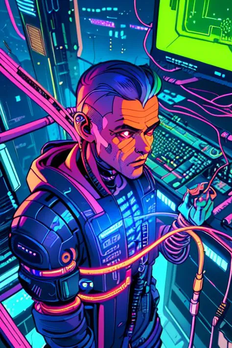 cyberpunk man connected to cyberspace, wires, cables, tubes, complex, surreal, futuristic, three fourth perspective, high tech, line art, (flat colors), masterpiece, high quality, 8k, best_quality,
<lora:lineart_flatcolorsv2:1>