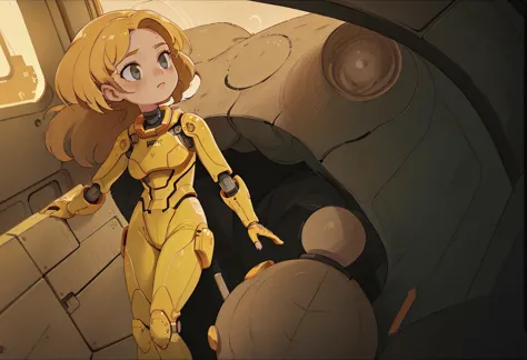 anime girl in yellow suit standing in a tunnel with a gun