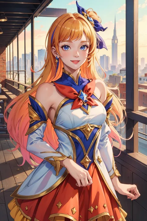 (Masterpiece:1.4), (best quality:1.2), star guardian seraphine, blonde hair, orange hair, multicolored hair, multicolored clothes, dress, hair bow, detached sleeves, smile, upper body, cowboy shot