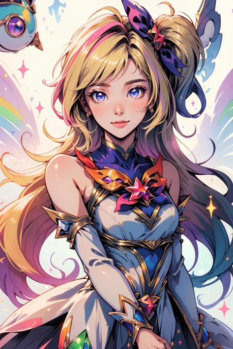 (Masterpiece:1.4), (best quality:1.2), <lora:StarGuardian_Sera_Ori-000015:1>, star guardian seraphine, blonde hair, multicolored hair, multicolored clothes, dress, hair bow, detached sleeves, magical girl, upper body, potrait