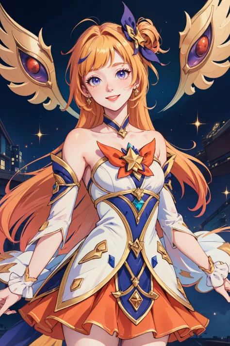 (Masterpiece:1.4), (best quality:1.2), star guardian seraphine, blonde hair, orange hair, multicolored hair, multicolored clothes, dress, hair bow, detached sleeves, smile, upper body, cowboy shot
