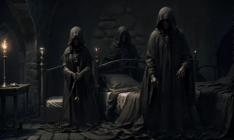 a group of people in robes standing around a bed in a dark room