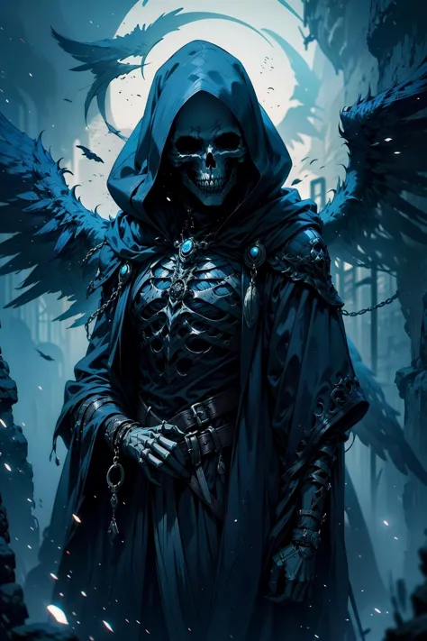 a dark blue grim with a black hood and wings standing in front of a full moon