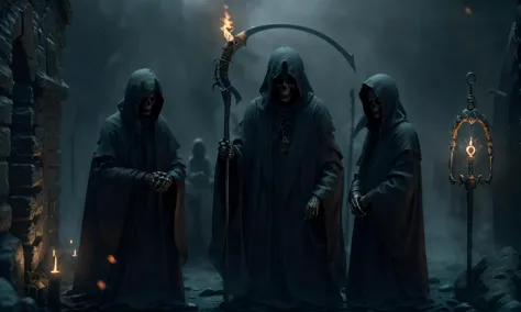 three grims in a dark alley with torches and torches