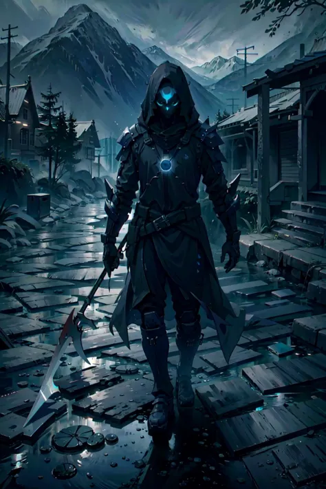 a man in a hooded jacket holding a sword walking down a street