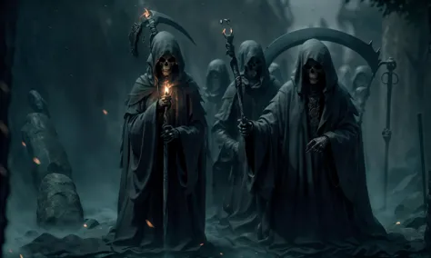 three grims with torches in their hands standing in a dark forest