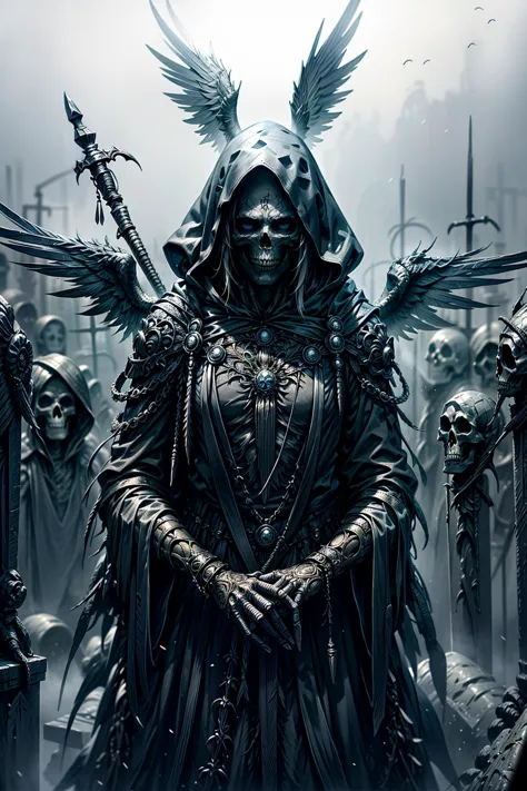 a dark angel standing in front of a group of skulls