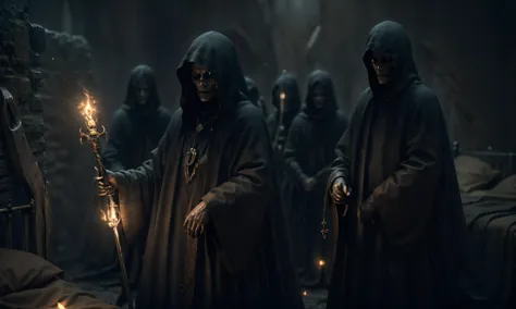 a group of people in black robes holding torches in a dark room