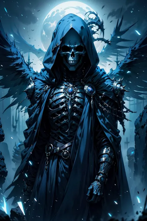 a dark blue skeleton with wings and a hood on stands in front of a full moon