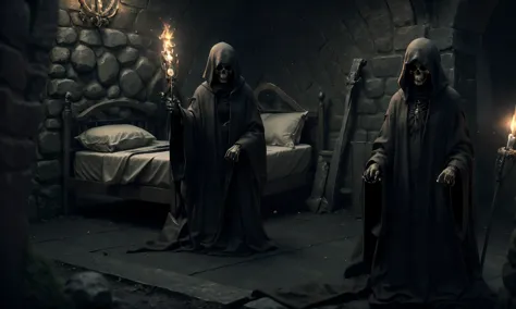 a group of people in robes standing in a dark room