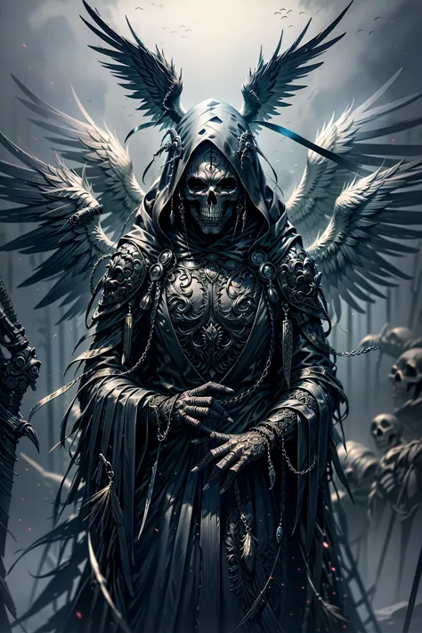 a dark angel with wings and a skull on his head