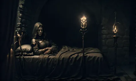 a woman in armor laying in a bed with candles