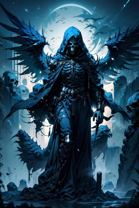 a dark knight with wings and a blue cloak stands in front of a full moon