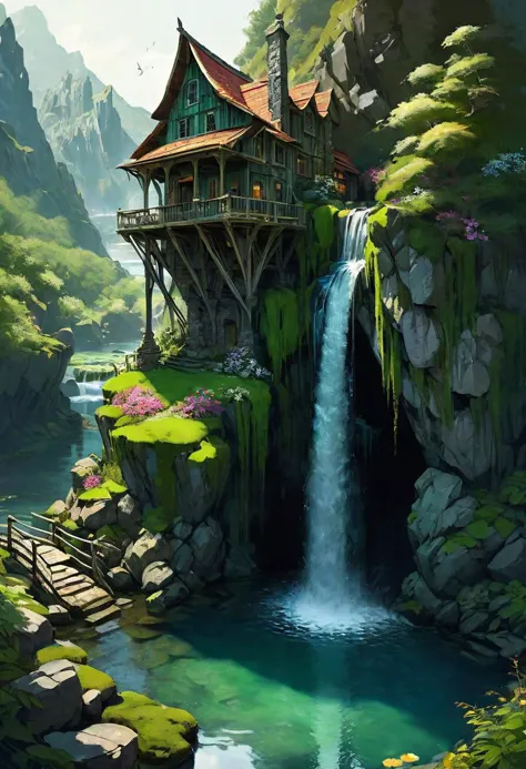 a painting of a house on a cliff with a waterfall