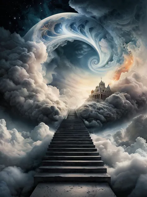 Stairway to heaven, built on clouds, carried to the sky.

Fantasy style. Fantasy dreamlike art. Mystical, misty.

Swirling watercolor,

Surreal Harmony,

<lora:RMSDXL_Enhance:1>
<lora:add-detail-xl:1>
<lora:Surreal Harmony:1>
<lora:The_Dark_Side_of_the_Earth:0.2>