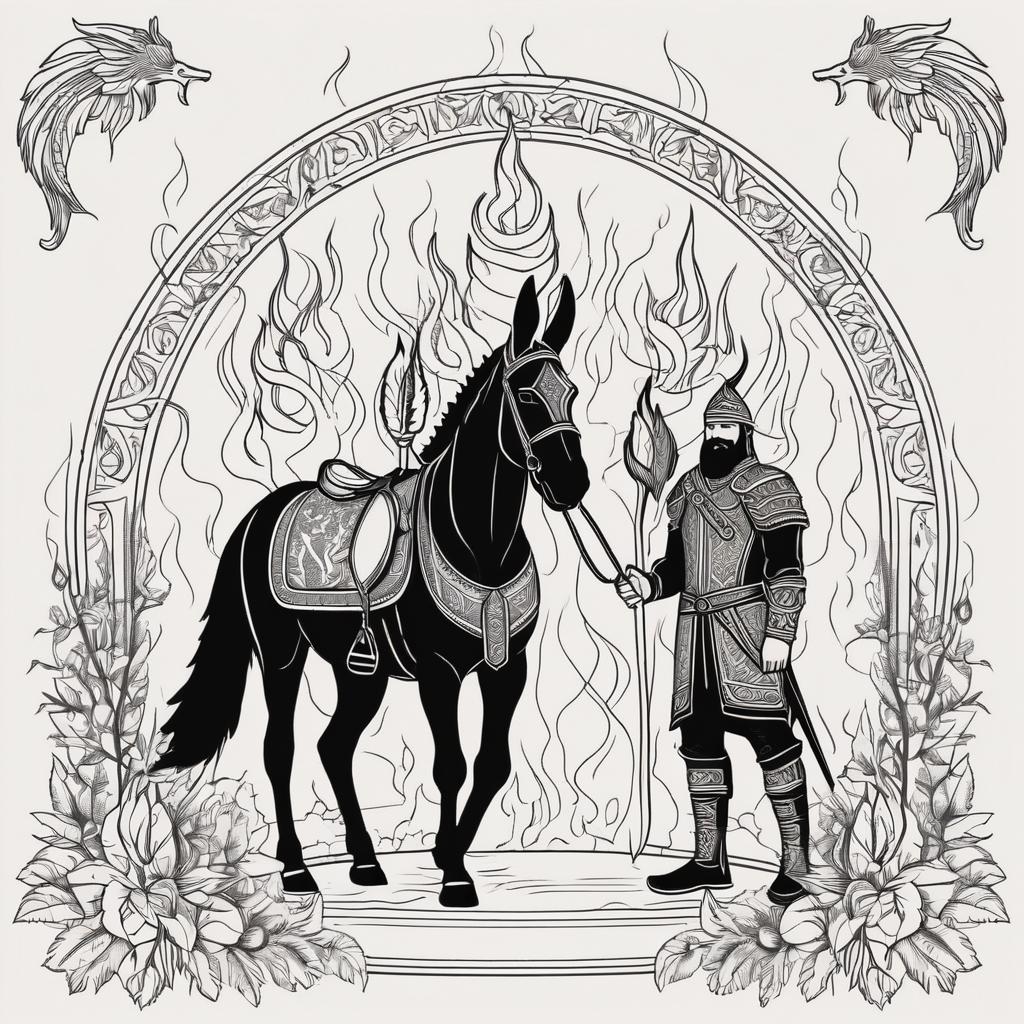 A black and white drawing of a man in armor with a horse - SeaArt AI