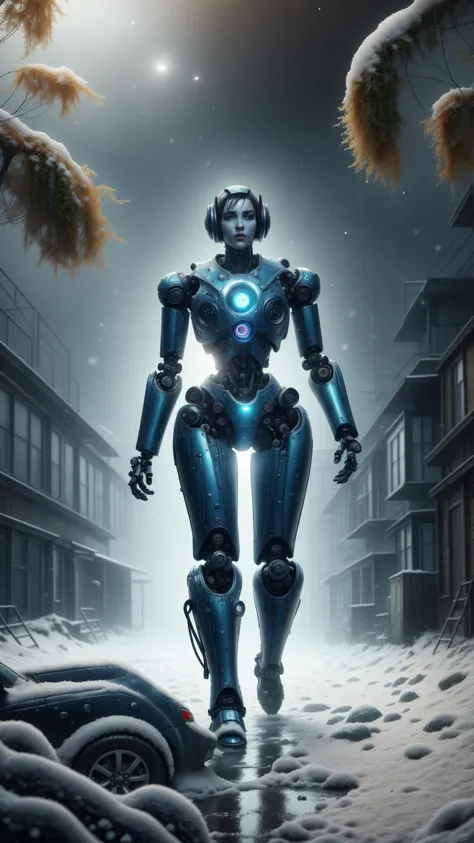 ElementoAgua Foto realista RAW de un robot curioso, cuerpo de metal plateado brillante, Ojos azules brillantes, explorando una ciudad olvidada, Edificios en ruinas, Vehículos oxidados, cubierto de vegetación, un solo copo de nieve, que contiene un universo de historias, cayendo hacia el ojo azul brillante del robot, ambiente frío e invernal, suelo cubierto de nieve, Cielo oscuro y sombrío, hora dorada, Luz suave y difusa, poca profundidad de campo, contraste dramático, alta resolución, detallado, cinematográfico, Arte conceptual, fondo de pantalla, estación de arte, ilustración, Gran angular, libro de arte, arte promocional, arte salpicado, Inspirado en la naturaleza, agua,  Húmedo, gotas, (obra maestra:1.3) (mejor calidad:1.2) (alta calidad:1.1)