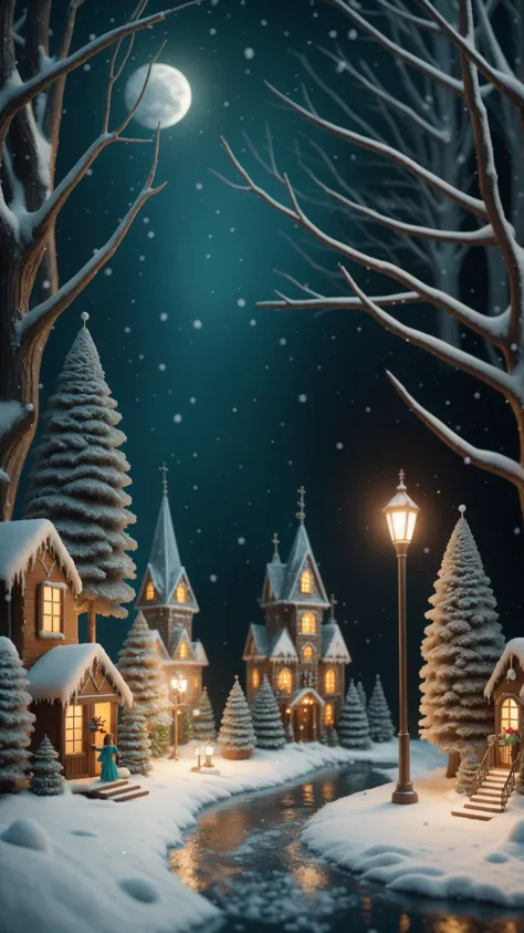 a snowy night scene with a small village and a street light