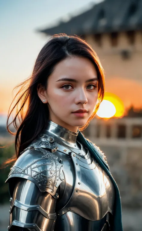 (masterpiece), (extremely intricate:1.3), (realistic), portrait of a girl, the most beautiful in the world, (medieval armor:1.4), metal reflections, upper body, outdoors, intense sunlight, far away castle, professional photograph of a stunning woman detail...
