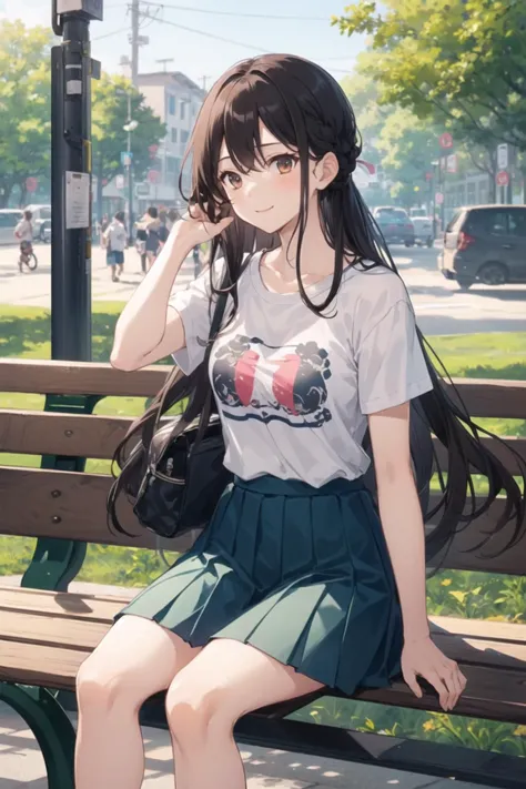 1girl, casual clothes, t-shirt, pleated skirt, long hair, short sleeves, adjusting hair, outdoors, sitting on object, vanishing ...