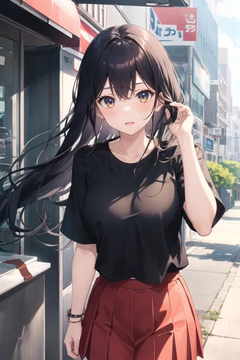 1girl, casual clothes, t-shirt, pleated skirt, long hair, short sleeves, adjusting hair, outdoors, standing